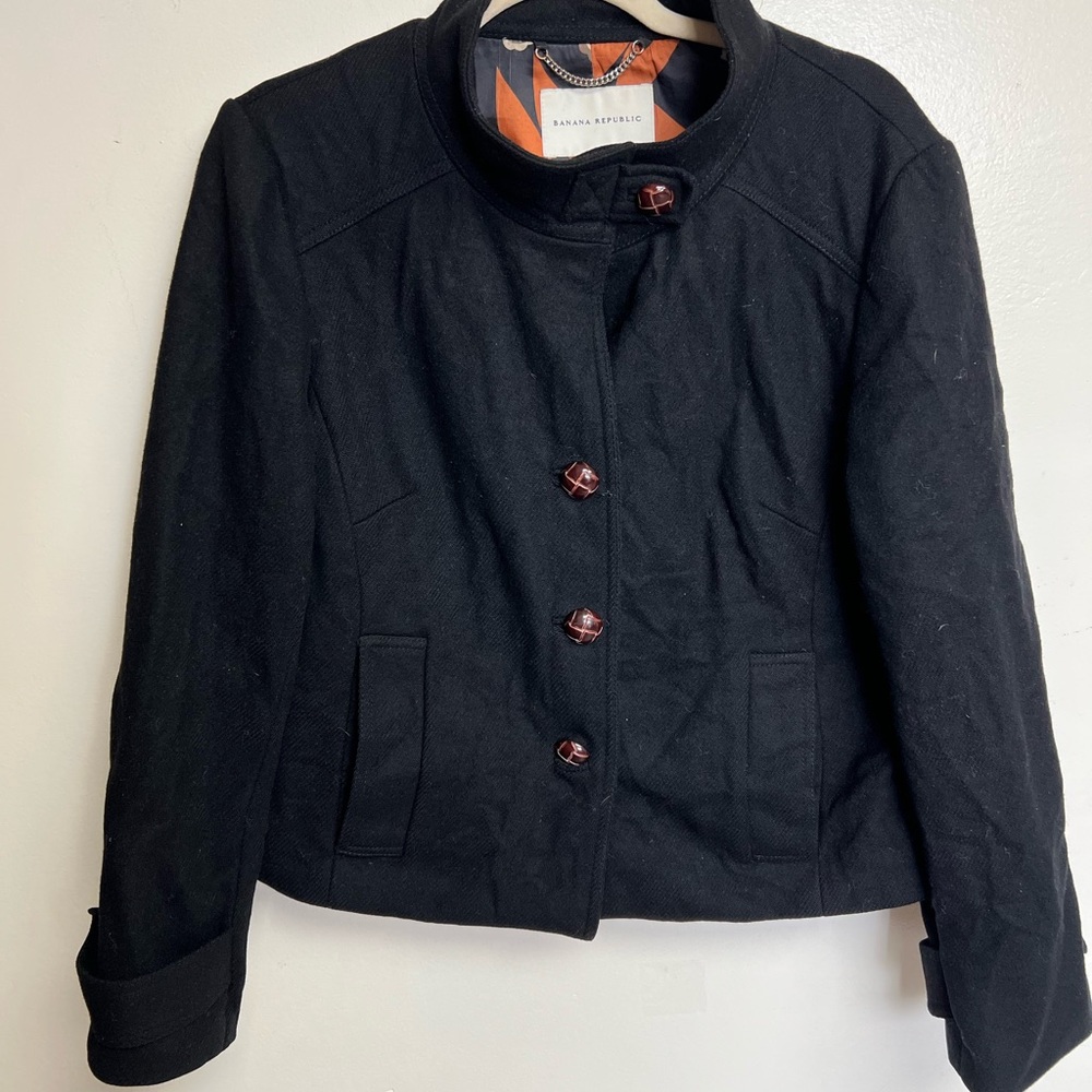 Banana Republic Black Short Pea Coat with Brown Contrast Buttons